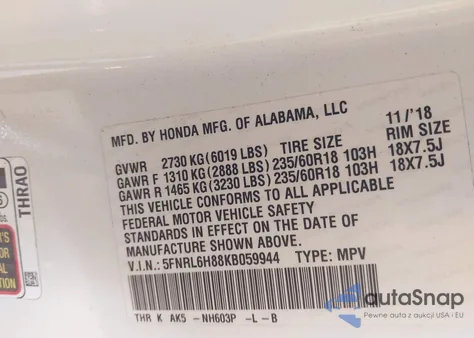 2019 Honda Odyssey Touring z USA, uszkodzony, nr VIN 5FNRL6H88KB059944